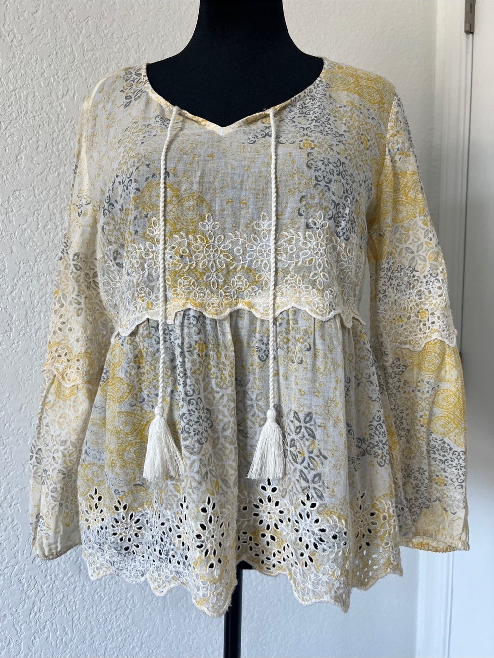 Style & Co. Yellow and Gray Lace-Trim Peasant Blouse